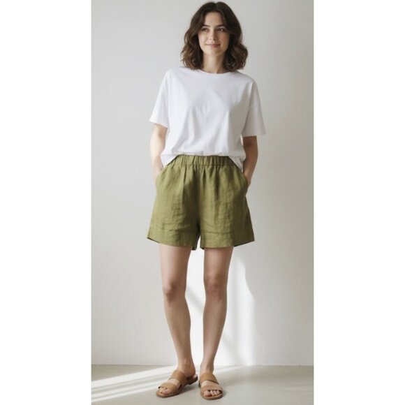 NICOLE PURDY The Classic Short in Khaki Brown Linen Boho Minimalist - Size XS - Picture 1 of 12